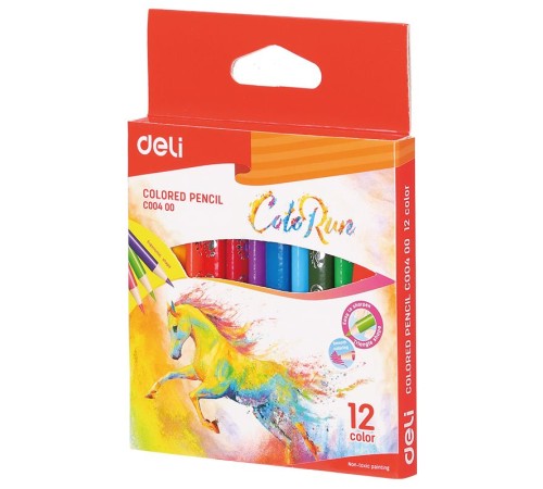 Карандаши цветные Deli EC00400 ColoRun трехгранные тополь 12цв. короткие коробка/европод.