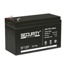 Батарея SECURITY FORCE серия SF, SF 1207, напряжение 12В, емкость 7Ач (разряд 20 часов),  макс. ток разряда (5 сек.) 60А, макс. ток заряда 2.1А, свинцово-кислотная типа AGM, клеммы F1, ДxШxВ 151х65х95мм., вес кг., срок службы 3-5 лет. Delta Security Force