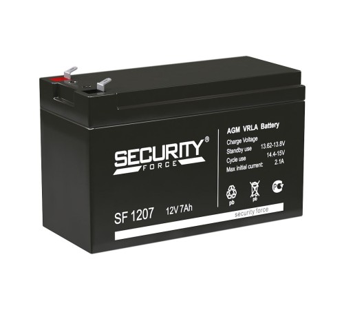 Батарея SECURITY FORCE серия SF, SF 1207, напряжение 12В, емкость 7Ач (разряд 20 часов),  макс. ток разряда (5 сек.) 60А, макс. ток заряда 2.1А, свинцово-кислотная типа AGM, клеммы F1, ДxШxВ 151х65х95мм., вес кг., срок службы 3-5 лет. Delta Security Force