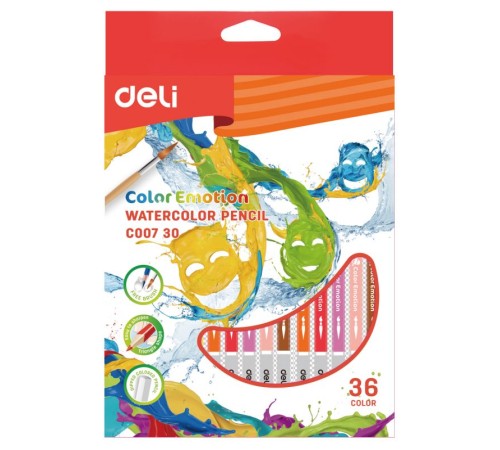 Карандаши цветные акварельные Deli EC00730 Color Emotion липа 36цв. коробка/европод.