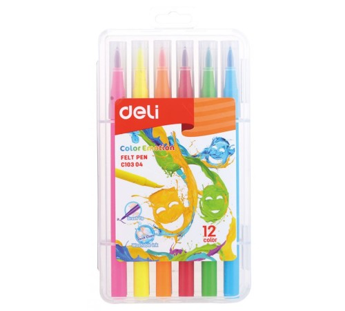 Фломастеры Deli EC10304 Color Emotion кисть смываемые 12цв. пластиковый пенал (12шт.)