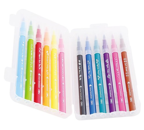 Фломастеры Deli EC10304 Color Emotion кисть смываемые 12цв. пластиковый пенал (12шт.)