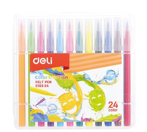 Фломастеры Deli EC10324 Color Emotion кисть смываемые 24цв. пластиковый пенал (24шт.)