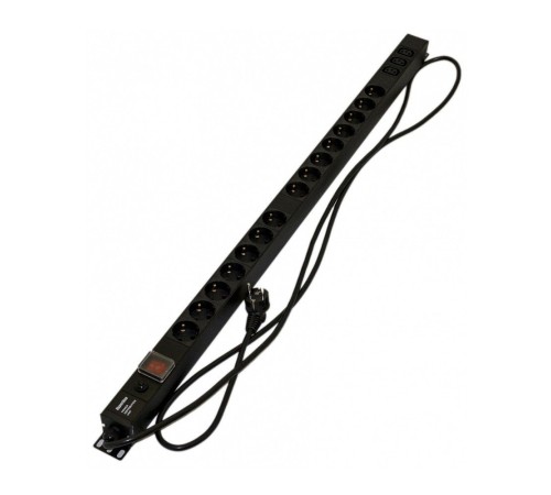 Hyperline SHE-15SH-3IEC-SF-2.5EU Блок розеток, вертикальный, 15 розеток Schuko, 3 розетки IEC320 C13, выключ. с подсветкой, защита от перенапряж., кабель питания 2.5м (3х1.5мм2) с вилкой Schuko 16A, 250В, 1040x44.4x44.4мм (ДхШхВ), корпус алюминий, черный