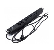 Hyperline SHE19-8IEC-2.5IEC Блок розеток для 19" шкафов, горизонтальный, 8 розеток IEC320 C13, кабель питания 2.5м (3х1.0мм2) с вилкой IEC320 C14 10A, 250В, 482.6x44.4x44.4мм (ШхГхВ), корпус алюминий, черный  (086778)