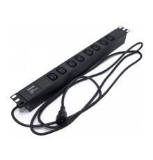 Hyperline SHE19-8IEC-2.5IEC Блок розеток для 19" шкафов, горизонтальный, 8 розеток IEC320 C13, кабель питания 2.5м (3х1.0мм2) с вилкой IEC320 C14 10A, 250В, 482.6x44.4x44.4мм (ШхГхВ), корпус алюминий, черный  (086778)