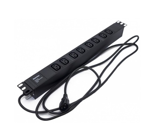 Hyperline SHE19-8IEC-2.5IEC Блок розеток для 19" шкафов, горизонтальный, 8 розеток IEC320 C13, кабель питания 2.5м (3х1.0мм2) с вилкой IEC320 C14 10A, 250В, 482.6x44.4x44.4мм (ШхГхВ), корпус алюминий, черный  (086778)
