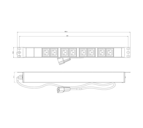 Hyperline SHE19-8IEC-2.5IEC Блок розеток для 19" шкафов, горизонтальный, 8 розеток IEC320 C13, кабель питания 2.5м (3х1.0мм2) с вилкой IEC320 C14 10A, 250В, 482.6x44.4x44.4мм (ШхГхВ), корпус алюминий, черный  (086778)