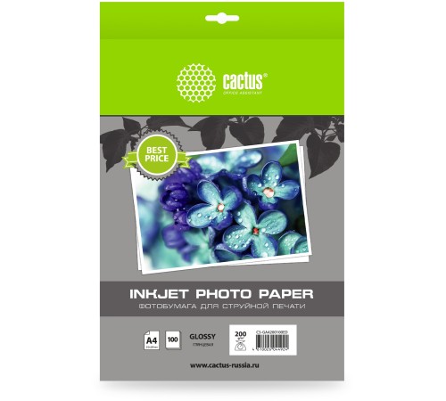 Фотобумага Cactus CS-GA4200100ED, A4, для струйной печати, 100л, 200г/м2, белый, покрытие глянцевое Фотобумага Cactus CS-GA4200100ED, A4, для струйной печати, 100л, 200г/м2, белый, покрытие глянцевое