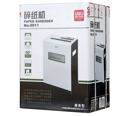 Шредер Deli E9911-EU белый (секр.P-4)/фрагменты/8лист./16лтр./скрепки/скобы/пл.карты/CD