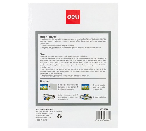 Пленка для ламинирования Deli 80мкм A4 (100шт) глянцевая 216x303мм E3816 Пленка для ламинирования Deli 80мкм A4 (100шт) глянцевая 216x303мм E3816
