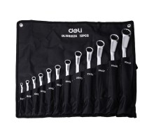 Ключи Deli Набор накидных изогнутых гаечных ключей 12 шт Deli DL150012A (размеры 6x7, 8x9, 10x11, 12x13, 14x15, 16x17, 18x19, 20x22, 21х23, 24х27, 25х28, 30х32, матовая хромированная поверхность, чехол из ткани Оксфорд)