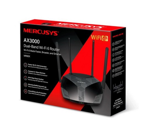 MERCUSYS AX3000 Двухдиапазонный Wi-Fi 6 роутер, до 574 Мбит/с на 2,4 ГГц + до 2402 Мбит/с на 5 ГГц, 4 фиксированные внешние антенны, 3 гигабитных порта LAN, 1 гигабитный порт WAN (MR80X) MERCUSYS AX3000 Двухдиапазонный Wi-Fi 6 роутер, до 574 Мбит/с на 2,4 ГГц + до 2402 Мбит/с на 5 ГГц, 4 фиксированные внешние антенны, 3 гигабитных порта LAN, 1 гигабитный порт WAN (MR80X)