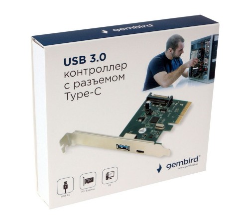 Контроллер USB Gembird SPCR-02 PCI-express, порты: 2 внешн. USB 3.1 Type-C и Type-A