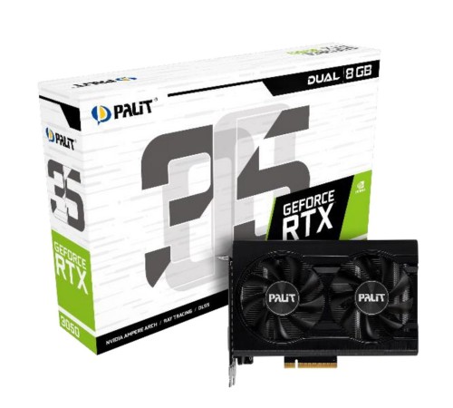 Видеокарта Palit PCI-E 4.0 PA-RTX3050 DUAL NVIDIA GeForce RTX 3050 8192Mb 128 GDDR6 1552/14000 HDMIx1 DPx3 HDCP Ret Видеокарта Palit PCI-E 4.0 PA-RTX3050 DUAL NVIDIA GeForce RTX 3050 8192Mb 128 GDDR6 1552/14000 HDMIx1 DPx3 HDCP Ret