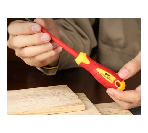 Диэлектрическая шлицевая отвертка Deli DL5141001 4х100мм  сталь Cr-V, сертификат VDE для работ под напряжением до 1000 В.