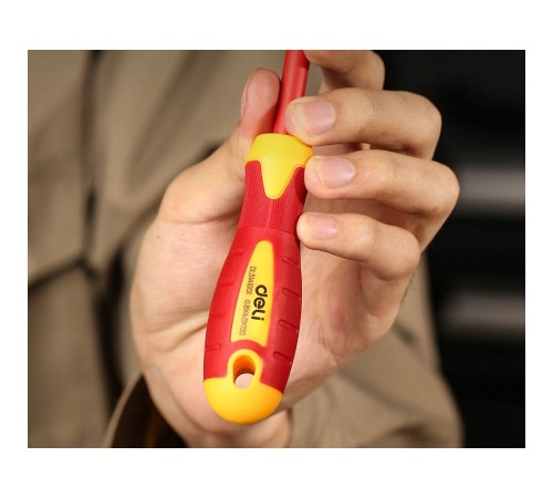 Диэлектрическая шлицевая отвертка Deli DL5141001 4х100мм  сталь Cr-V, сертификат VDE для работ под напряжением до 1000 В.