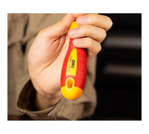 Диэлектрическая шлицевая отвертка Deli DL5161501 6,5х150мм  сталь Cr-V, сертификат VDE для работ под напряжением до 1000 В.