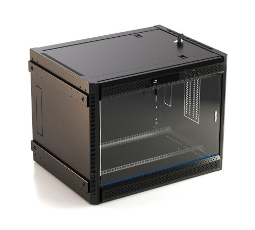 Шкаф серверный Hyperline (TWB-FC-1266-GP-RAL9004) настенный 12U 600x600мм пер.дв.стекл 60кг черный IP20 сталь