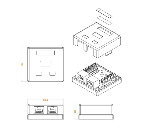 Розетка Hyperline SB1-2-8P8C-C5E-WHRJ45 2 кат.5E UTP бел. (упак.:1шт)