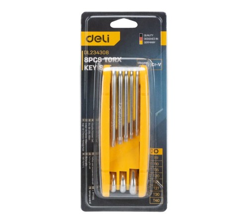 Ключи Deli Набор складных шестигранных ключей «TORX" Deli DL234308 размеры T9,T10,T15,T20,T25,T27,T30,T40, пластиковый держатель Ключи Deli Набор складных шестигранных ключей «TORX" Deli DL234308 размеры T9,T10,T15,T20,T25,T27,T30,T40, пластиковый держатель