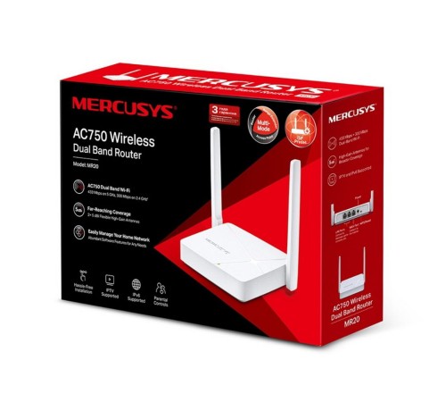 Сетевое и телекоммуникационное оборудование MERCUSYS AC750 Двухдиапазонный Wi-Fi роутер, до 300 Мбит/с на 2,4 ГГц + до 433 Мбит/с на 5 ГГц, 2 фикс. внешние антенны, 2 порта LAN 10/100 Мбит/с, 1 порт WAN 10/100 Мбит/с (MR20)