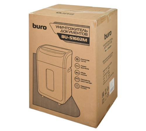 Шредер Buro Office BU-S1602M (секр.P-5) фрагменты 16лист. 30лтр. пл.карты CD Шредер Buro Office BU-S1602M (секр.P-5) фрагменты 16лист. 30лтр. пл.карты CD