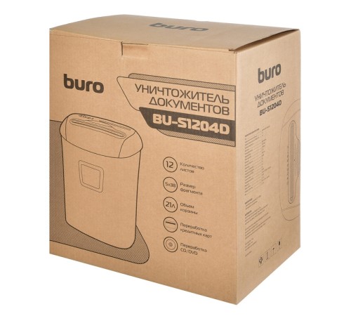 Шредер Buro Office BU-S1204D (секр.P-4) фрагменты 12лист. 21лтр. пл.карты CD Шредер Buro Office BU-S1204D (секр.P-4) фрагменты 12лист. 21лтр. пл.карты CD