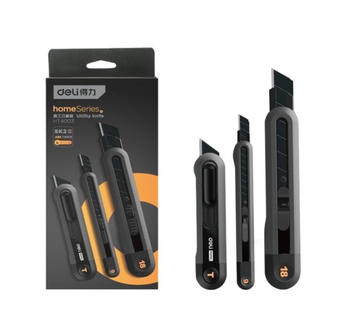 Набор технических ножей "Home Series Black" Deli HT4003 (ножи 9мм+18мм+Т-образный), эксклюзивный дизайн, корпус из высококачественного софттач пластика