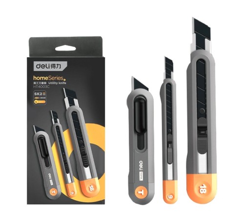 Нож Deli Набор технических ножей "Home Series Gray" Deli HT4003C (ножи 9мм+18мм+Т-образный), эксклюзивный дизайн, корпус из высококачественного софттач пластика