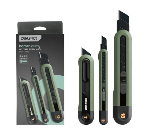 Нож Deli Набор технических ножей "Home Series Green" Deli HT4003L (ножи 9мм+18мм+Т-образный), эксклюзивный дизайн, корпус из высококачественного софттач пластика