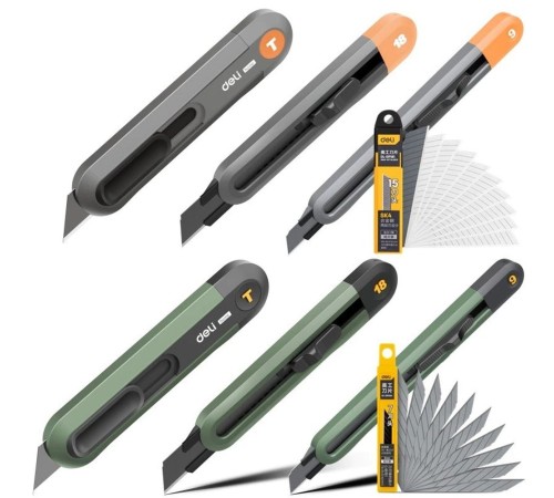 Нож Deli Набор технических ножей "Home Series Green" Deli HT4003L (ножи 9мм+18мм+Т-образный), эксклюзивный дизайн, корпус из высококачественного софттач пластика