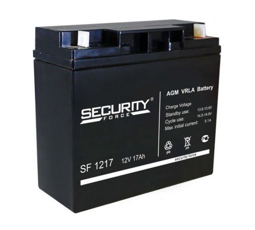 Батарея SECURITY FORCE серия SF, SF 1217, напряжение 12В, емкость 1.5Ач (разряд 20 часов),  макс. ток разряда (5 сек.) 18А, макс. ток заряда 5.1А, свинцово-кислотная типа AGM, клеммы под гайку и болт M6, ДxШxВ 181х77х167мм., вес кг., срок службы 3-5 лет.