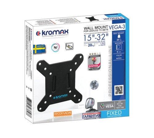 Кронштейн для телевизора Kromax VEGA-3 new черный 15"-32" макс.20кг настенный фиксированный Кронштейн для телевизора Kromax VEGA-3 new черный 15"-32" макс.20кг настенный фиксированный