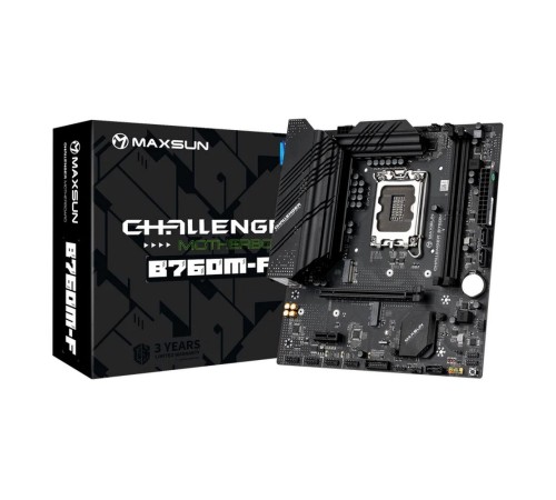 Материнская плата Maxsun Challenger B760M-F 1700, B760, 2xDDR4, 1xPCIEx16,1xPCIEx1,1xM.2, Front2xUSB3,2xUSB2, Rear2xUSB3,4xUSB2, 3xSATA3, 1GLan, VGA+HDMI, mATX, RTL