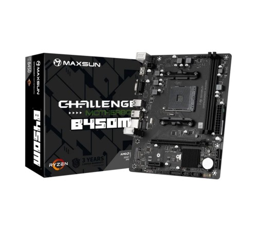 Материнская плата Maxsun Challenger B450M AM4, B450, 2xDDR4, 1xPCI-E 16X1xPCI-E 1X1xM.2, Front2xUSB3.0, 2xUSB2.0, Rear2xUSB2.0, 2xUSB3.0, 4xSATA3.0, 1GLan, HDMI+VGA, mATX, RTL