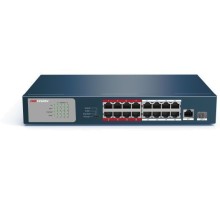 Неуправляемый коммутатор. 16 RJ45 100M PoE  с грозозащитой 6кВ; 1 Uplink порт 1000М Ethernet; 1 Uplink порт 1000М SFP; бюджет PoE 130Вт; Порты 9-16 поддерживают режим передачи до 250м,10Мб/с, CAT5e Hikvision DS-3E0318P-E/M(B)