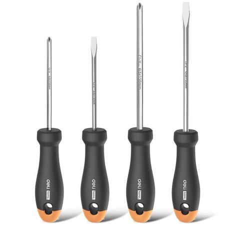 Набор отверток "Home Series Gray" Deli HT1004C 4шт  SL5x100+SL6x150+PH1x100+PH2x150, эксклюзивный дизайн, рукоятка из высококачественного софттач пластика