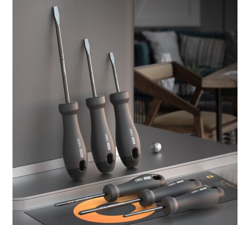 Набор отверток "Home Series Gray" Deli HT1006C 6шт SL3x75+SL5x100+SL6x150+PH0x75+PH1x100+PH2x150, эксклюзивный дизайн, рукоятка из высококачественного софттач пластика