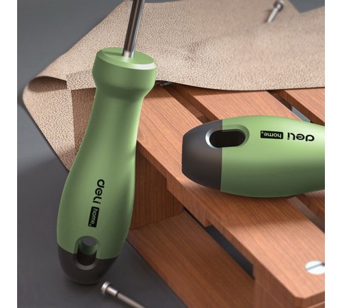 Шлицевая отвёртка "Home Series Green" Deli HT1105L 5x100мм Эксклюзивный дизайн, рукоятка из высококачественного софттач пластика Шлицевая отвёртка "Home Series Green" Deli HT1105L 5x100мм Эксклюзивный дизайн, рукоятка из высококачественного софттач пластика