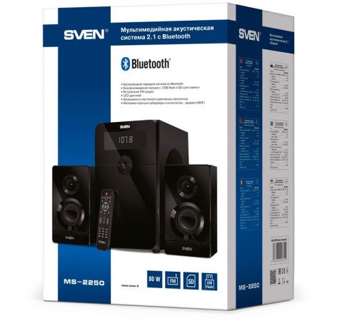 SVEN MS-2250, черный, акустическая система 2.1, мощность (RMS): 50Вт + 2х15Вт, SD/USB, FM-радио, LED-дисплей, пульт ДУ, Bluetooth SVEN MS-2250 (SV-016722) SVEN MS-2250, черный, акустическая система 2.1, мощность (RMS): 50Вт + 2х15Вт, SD/USB, FM-радио, LED-дисплей, пульт ДУ, Bluetooth SVEN MS-2250 (SV-016722)