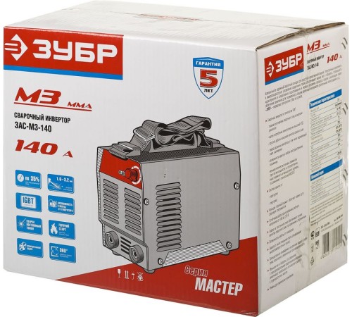 ЗУБР "МАСТЕР" Инвертор сварочный [ЗАС-М3-140] { М3, 140А, MMA, IGBT, ПВ-30%, 1*220В (мин 180В)}