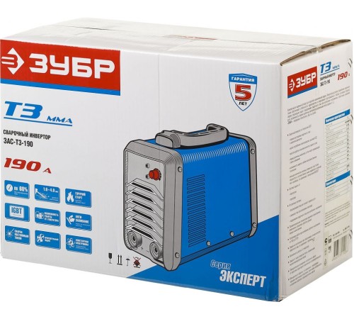 ЗУБР "ЭКСПЕРТ" Инвертор сварочный [ЗАС-Т3-190] {T3, 190А, MMA/TIG LIFT, IGBT, VRD, ПВ-60%, 1*220В (мин 180В)}