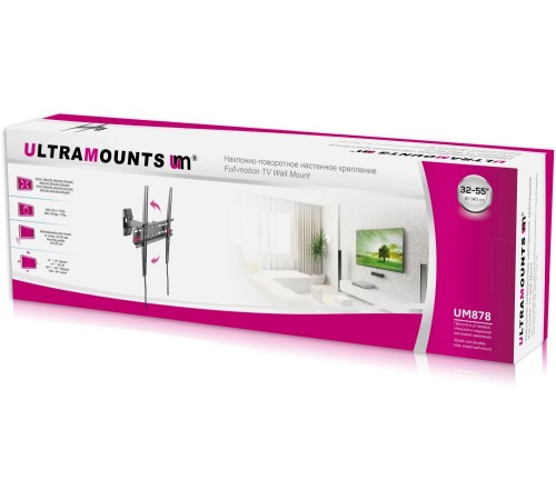 Кронштейн для телевизора Ultramounts UM 878 черный 32"-55" макс.35кг настенный поворотно-выдвижной и наклонный Кронштейн для телевизора Ultramounts UM 878 черный 32"-55" макс.35кг настенный поворотно-выдвижной и наклонный