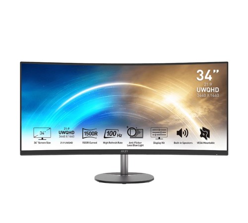 Монитор MSI PRO MP341CQ 34" 21:9 UWQHD(3440x1440) VA Curve1500R,1ms(MPRT),3000:1,100M:1,300nit,178/178,2xHDMI 2.0,DP 1.2,Tilt,Speaker,VESA,100Hz,Black,1y war-ty (9S6-3PB2CT-027)