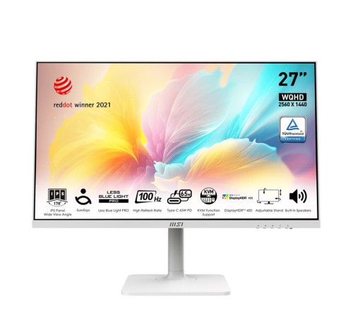 Монитор MSI Modern MD272QXPW 27" 16:9 WQHD(2560x1440) IPS Flat,1ms(MPRT),1000:1, 100M:1,300nit,178/178,HDMI 1.4b,DP 1.2,2xUSB 2.0 Type-A,USB 2.0 Type-B,Speaker,Tilt,Swivel,Height,Pivot,100Hz,White,1y war-ty (9S6-3PB19H-225)