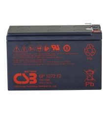 Батарея CSB серия GP, GP1272 F2, напряжение 12В, емкость 7.2Ач (разряд 20 часов), макс. ток разряда (5 сек.) 130А, ток короткого замыкания 304А, макс. ток заряда 2.8A, свинцово-кислотная типа AGM, клеммы F2, ДxШxВ 150.9x64.8x98.6мм., вес 2.4кг., срок служ