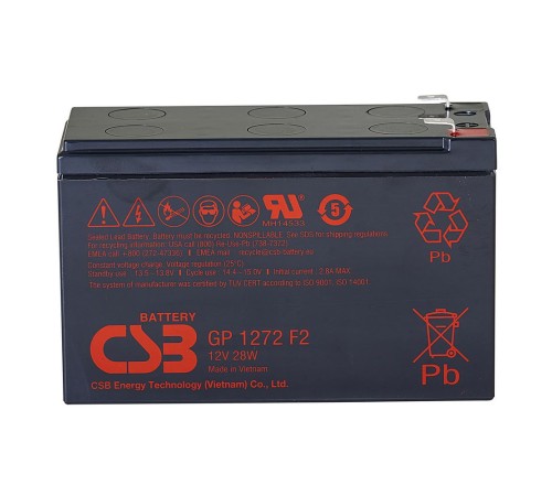 Батарея CSB серия GP, GP1272 F2, напряжение 12В, емкость 7.2Ач (разряд 20 часов), макс. ток разряда (5 сек.) 130А, ток короткого замыкания 304А, макс. ток заряда 2.8A, свинцово-кислотная типа AGM, клеммы F2, ДxШxВ 150.9x64.8x98.6мм., вес 2.4кг., срок служ
