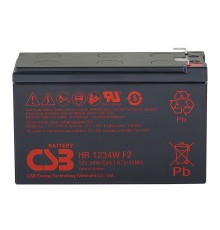 Батарея CSB серия GP, HR1234W F2, напряжение 12В, емкость 34 Вт/Эл при 15-мин. разряде до U кон. - 1.67 В/Эл при 25 °С, (разряд 20 часов), макс. ток разряда (5 сек.) 130А, ток короткого замыкания 349А, макс. ток заряда 3.4A, свинцово-кислотная типа AGM, к