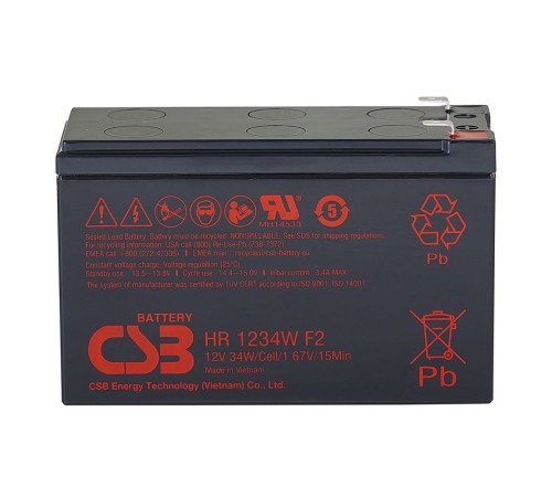 Батарея CSB серия GP, HR1234W F2, напряжение 12В, емкость 34 Вт/Эл при 15-мин. разряде до U кон. - 1.67 В/Эл при 25 °С, (разряд 20 часов), макс. ток разряда (5 сек.) 130А, ток короткого замыкания 349А, макс. ток заряда 3.4A, свинцово-кислотная типа AGM, к